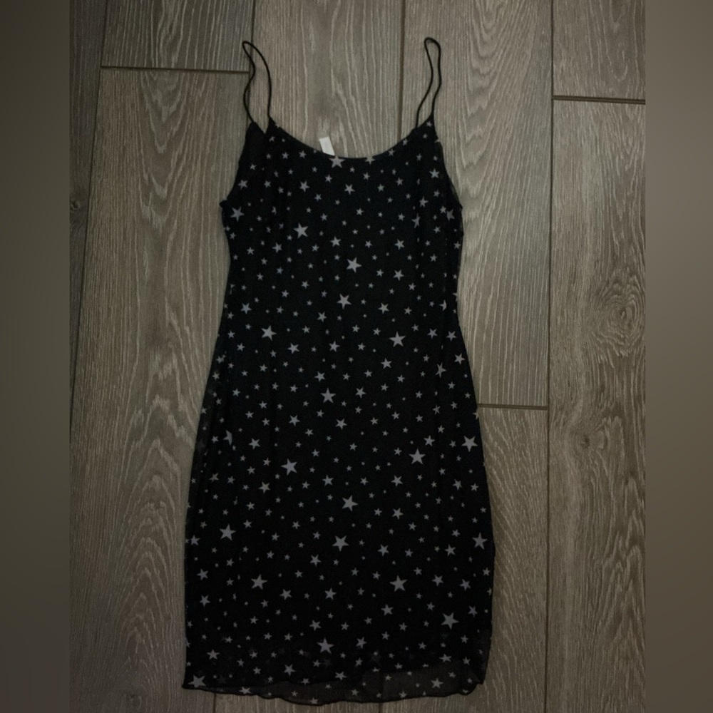 Star-Print Black Mini Slip Dress with Spaghetti Straps